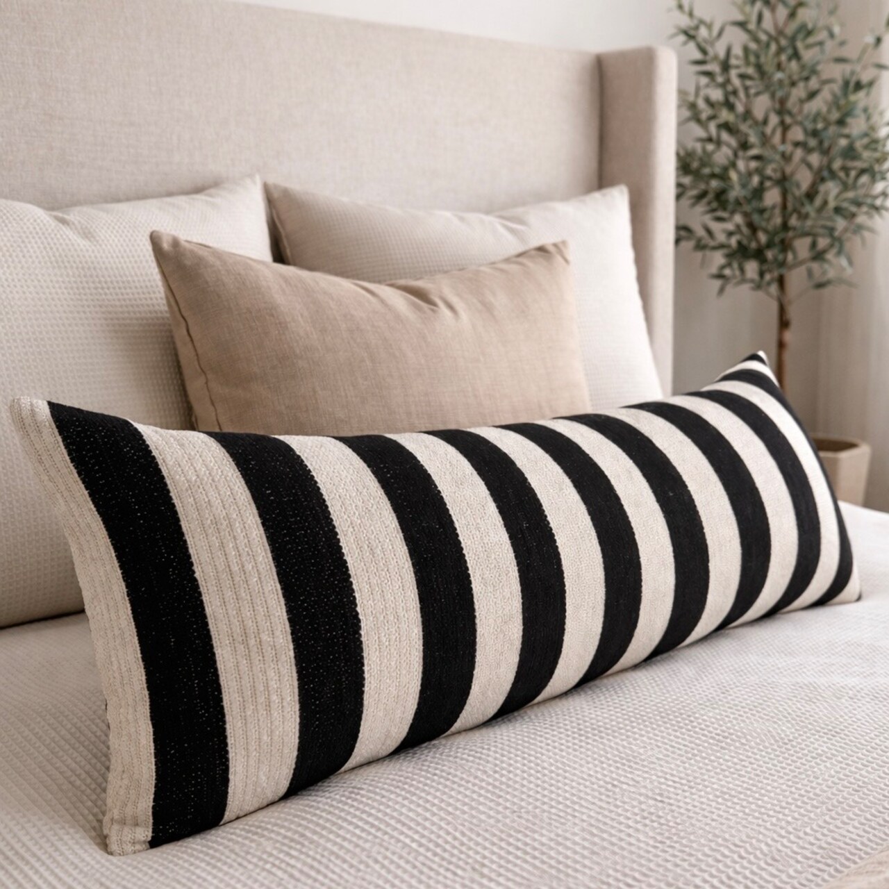Oversized Lumbar Pillow Cover 12x36, Black and Beige Striped Pillow, Neutral Modern Farmhouse Bed Pillow, Chenille Throw Pillow